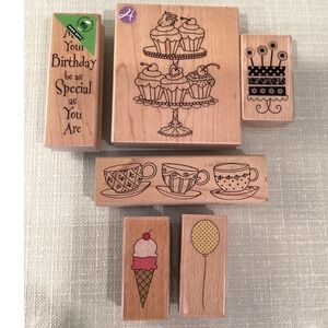 Stamps - Assorted Wood Mounted Rubber Birthday Cake Balloon Ice Cream (Set of 6)